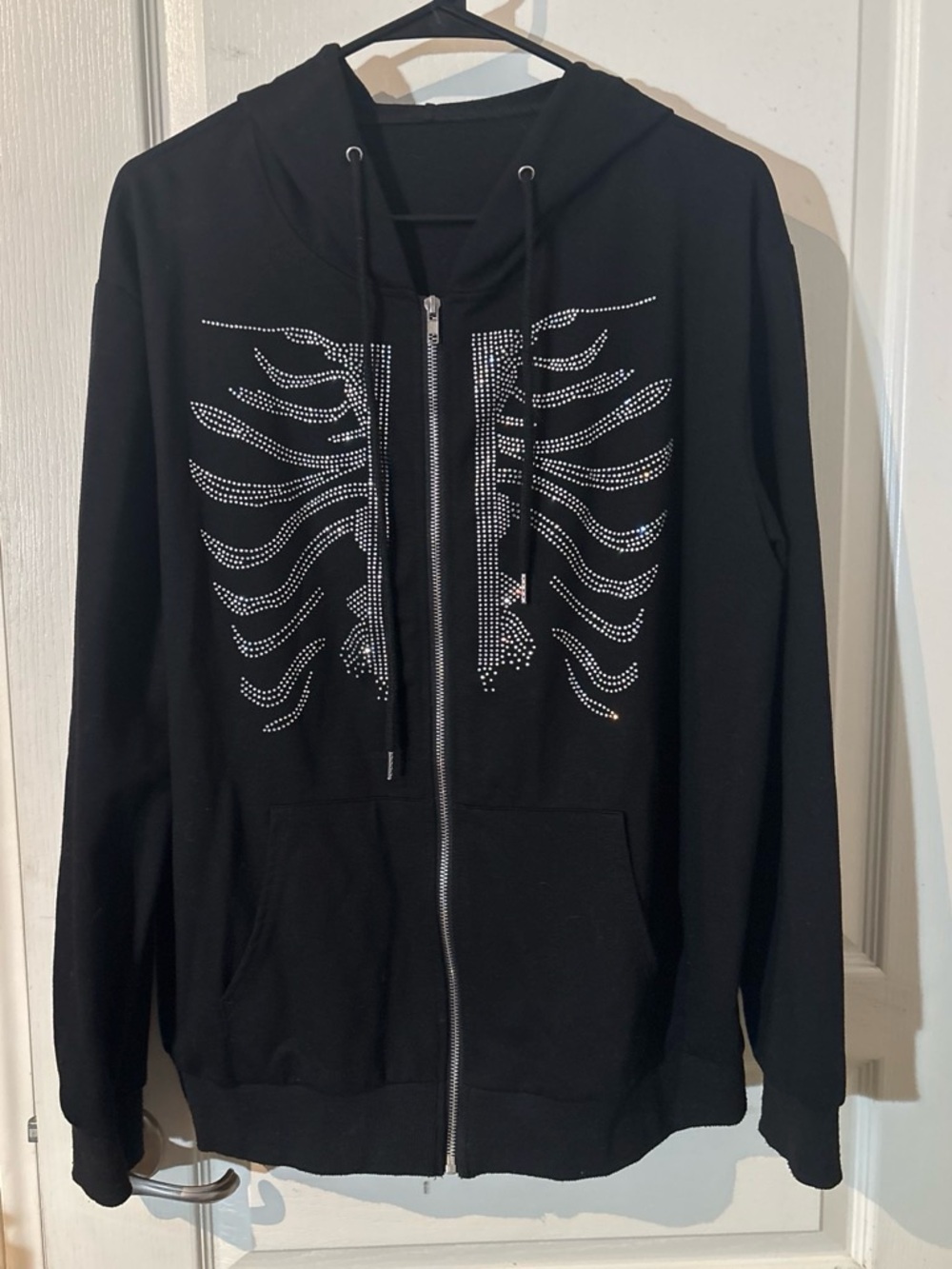 Black Rhinestone Zip Hoodie Sweater -